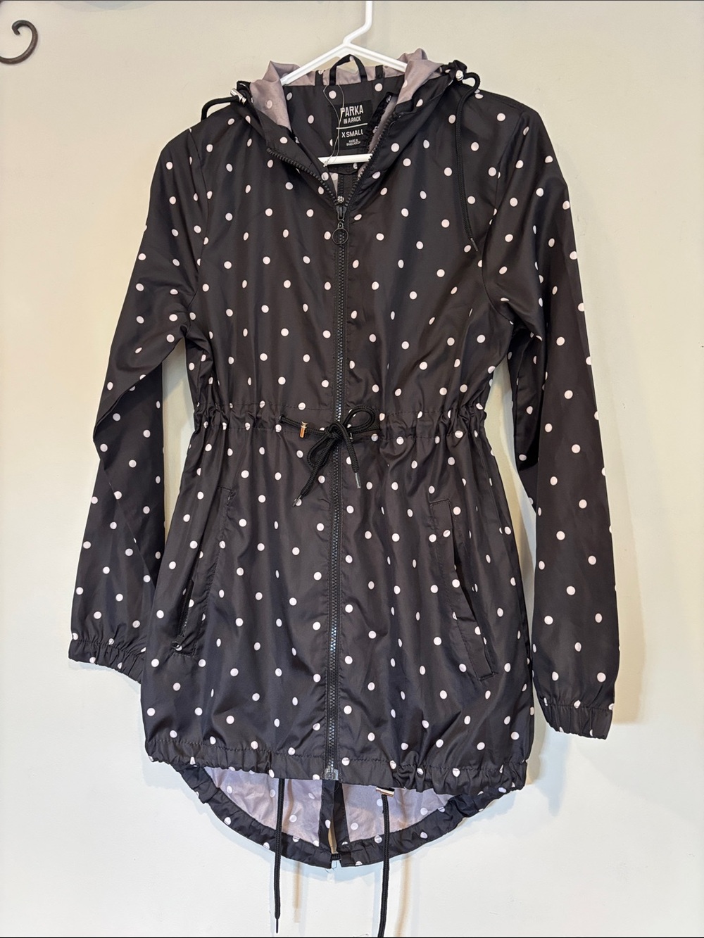 Parka in a pack XS Black Polka Dot Hooded Rain Jacket